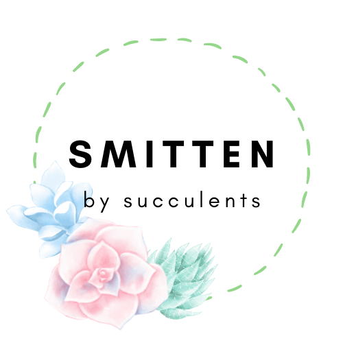 This is the Smitten by Succulents Logo. It is circular featuring a blue, pink, and green succulent in the bottom left corner.